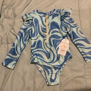 Blue and Cream Swirl Long Sleeve Swim Rash Gaurd